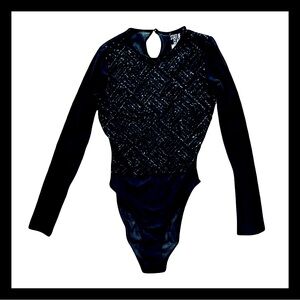 State of Claude Montana black beaded and mesh long sleeve bodysuit